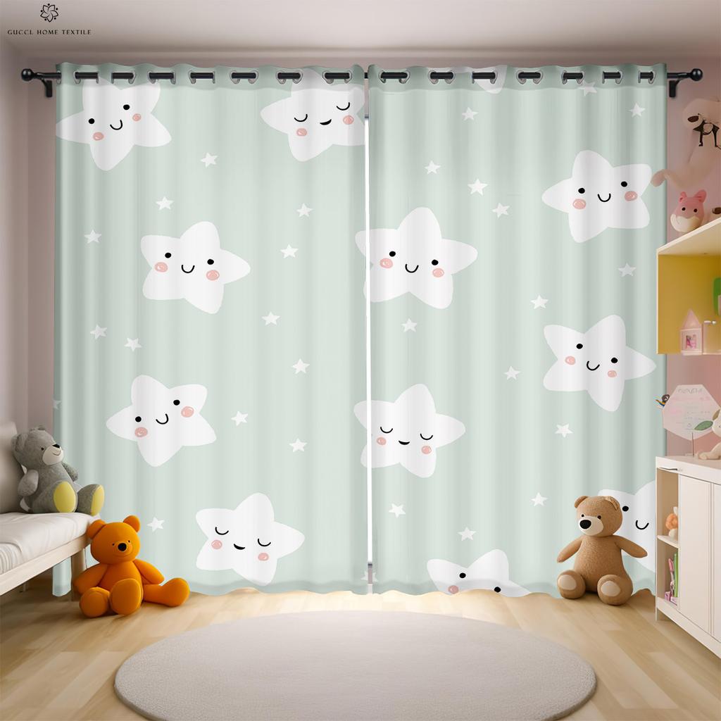 Cartoon Stars, Moon And Clouds Printed Curtains For Children's Room Decoration Curtains Polyester Fiber Easy To Wash And Care