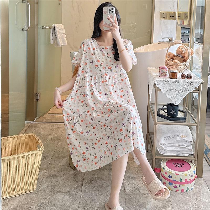 Cotton and silk nightgown women's spring and autumn casual short-sleeved large-size printed pajamas summer thin high-end cotton loungewear