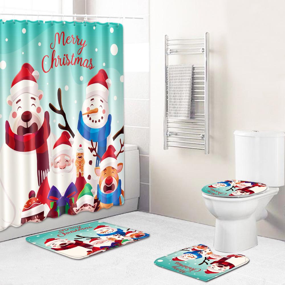 Christmas Shower Curtain Floor Mat Combination Four-Piece Set Bathroom Toilet Carpet Shower Room Mat Foot Mat