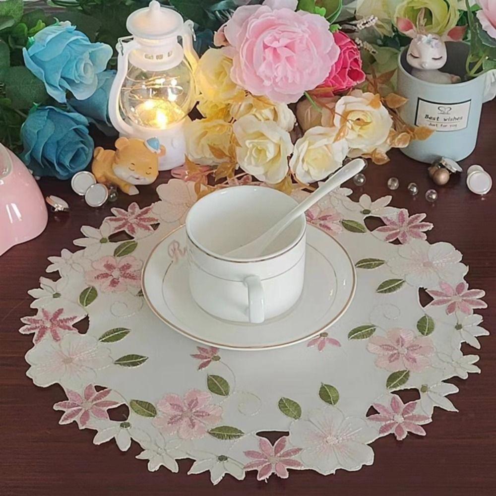 Delicate for Dining Table Lace Embroidery Craft Satin Fabric Coaster Placemat Doily Cup Pad