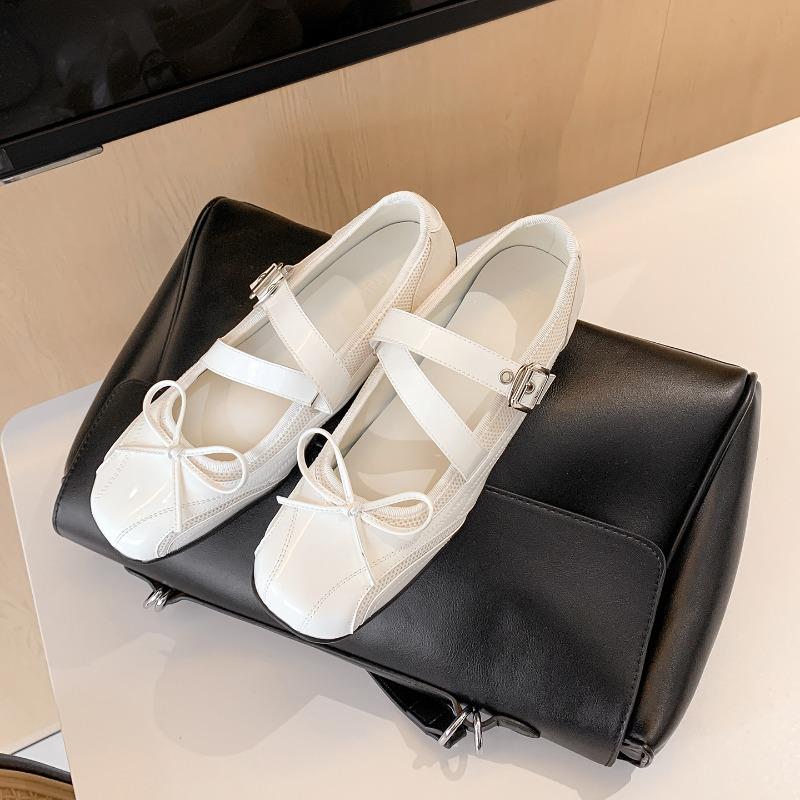 Cowhide Version, Cross-strap Soft-sided One-word Buckle Strap Heightened Round Head Bow Women's Autumn Mary Jane Shoes, Genuine Leather Single Shoes