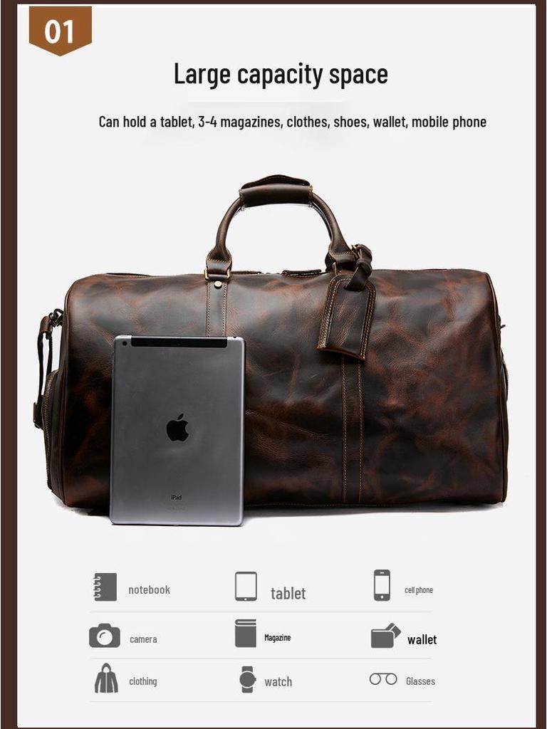 Men's Leather Travel Bag with Shoe Compartment - Vintage Crossbody Carry-On