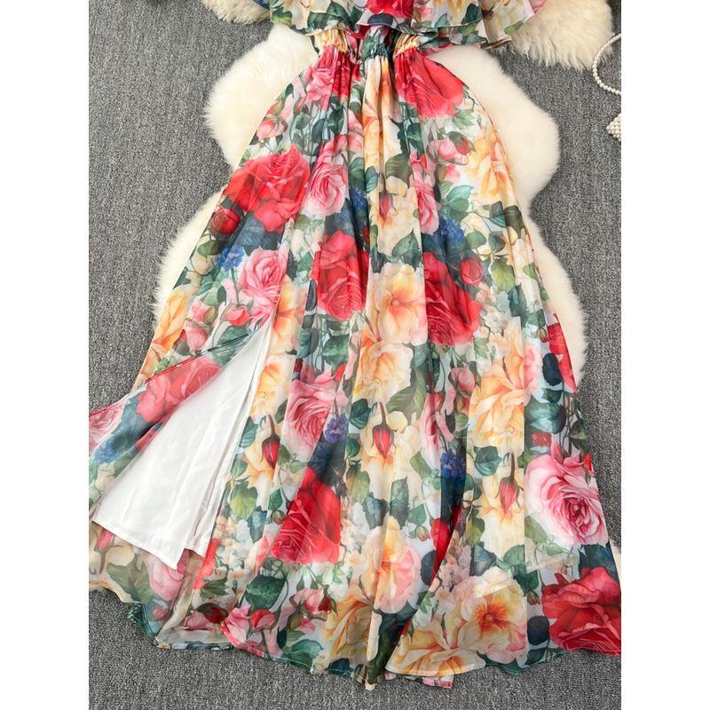 French Style Retro Print Tea Dress Women's Summer Gentle Waist Slim Looking Temperamental Fairy Ruffles Chiffon Dress