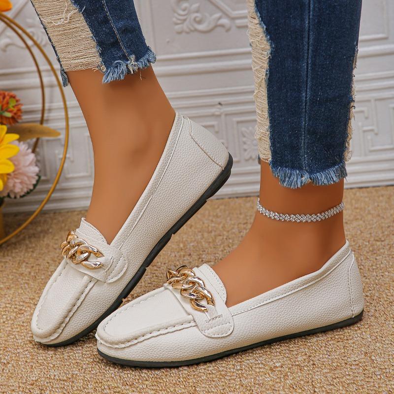 Fashion Women's Flat Shoes Autumn New Round Head Mid-mouth Metal Chain Anti-slip Wear-resistant Soft Bottom Low-top Shoes