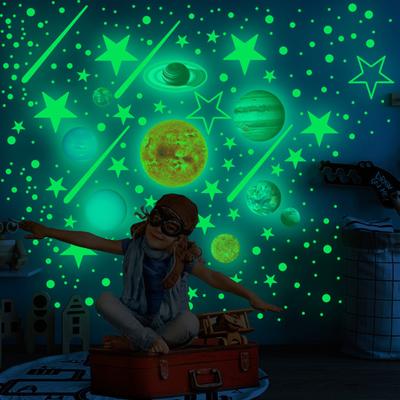 1 Set Delicate Wall Sticker Fluorescent PVC Glow Luminous Self-adhesive Star Planet Shape Decal for Living Room