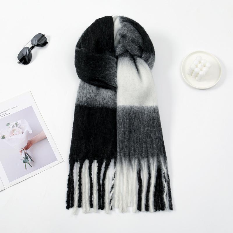 Rainbow Mohair Plaid Scarf - Thick, Chunky, Warm Winter Tassel Neck Warmer in Four Colors