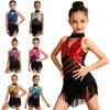 Kids Girls Latin Dance Costume: Halter Sleeveless Sequins Leotard with Mesh Waist Keyhole Metallic Back & Tassels for Salsa Cha-cha