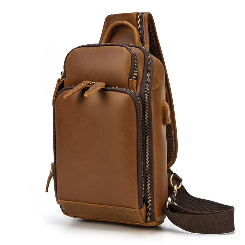 

Leather Chest Bag Usb Charging Port Men s Cross Body Bag Genuine Leather Chest Pack Single Shoulder Bag For Man Male Vintage