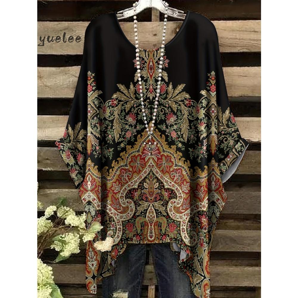 Damenbekleidung Bohemian Floral Tunika Übergröße Damen Bohemian Floralprint Tunika T-Shirt Kurzarm O-Ausschnitt Freizeitkleidung
