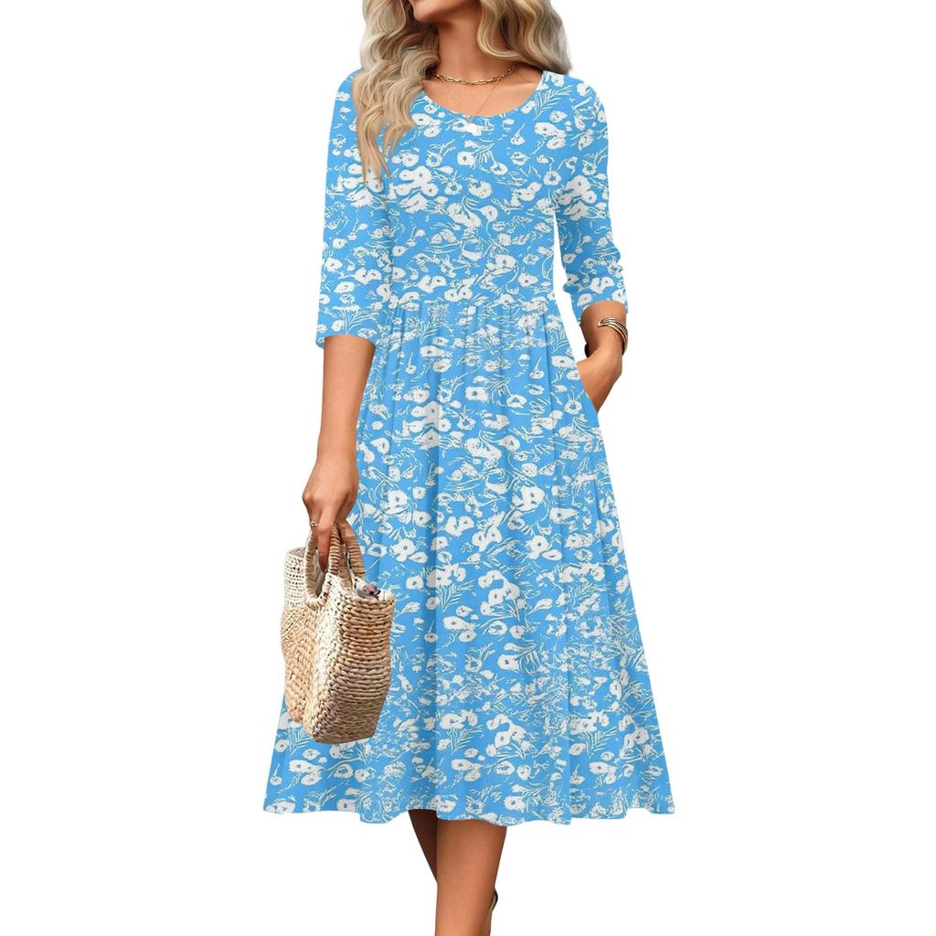 3/4-Ärmel Damenkleid Lässig Fließend A-Linie Midi T-Shirt Kleider mit Taschen Rundhalsausschnitt Urlaub Boho Strand Sommerkleid