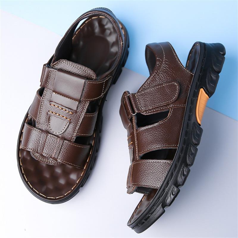 Fashion Sandals for Men High Quality Cowhide Leather Sandals Fashion Casual Beach Shoes Summer Peep Toe Men Flat Sandals Chanclas Hombre