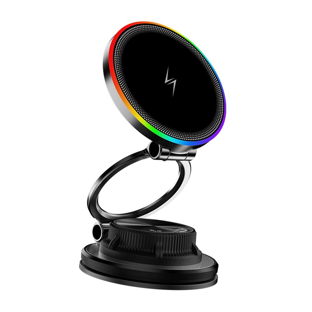 Magnetic Wireless Phone Holder, 15W Fast Charging with Suction Cup and Ambient Light, Multi Angle Adjustable Mount for