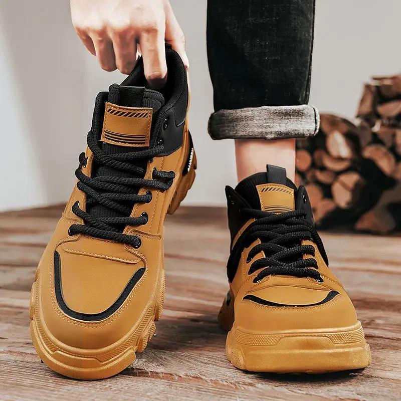 2026 Spring Autumn Outdoor Lace Up Men High Top Anti Slip Work Boots Korean New Durable Height Increasing All Match Casual Shoes