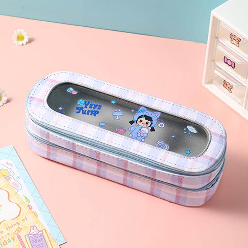 Large Capacity Transparent Cartoon Pencil Case for Girls with Double-Layer Design, Ideal for Elementary School Students