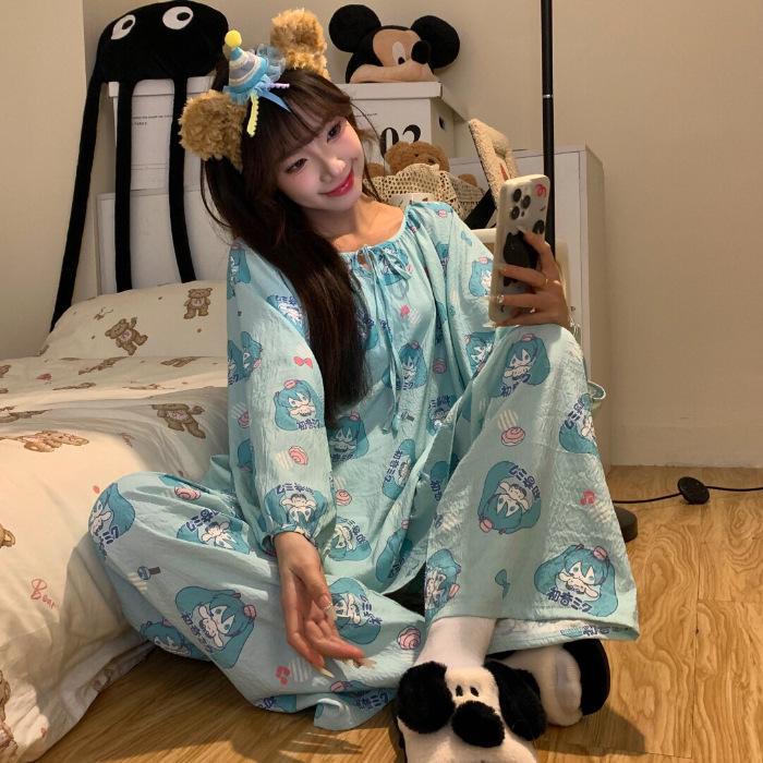 Women's Sweet Pure Cotton Pajama Set - Round Neck, Long Sleeve, Long Pants, Comfortable Home Wear for Spring & Autumn