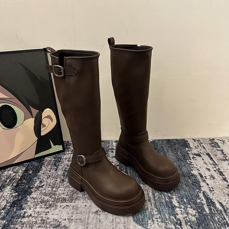 

Versatile thick-heeled high boots for women 2025 autumn and winter new belt buckle brown small thick-soled boots knight boots for women 35 коричневый