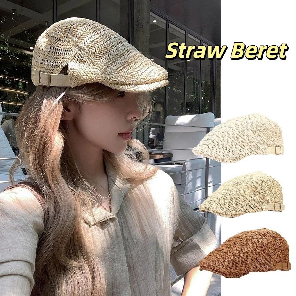 Hollow Straw Newsboy Cap Vacation Painter Beret Japanese Style Straw Beret  Travel