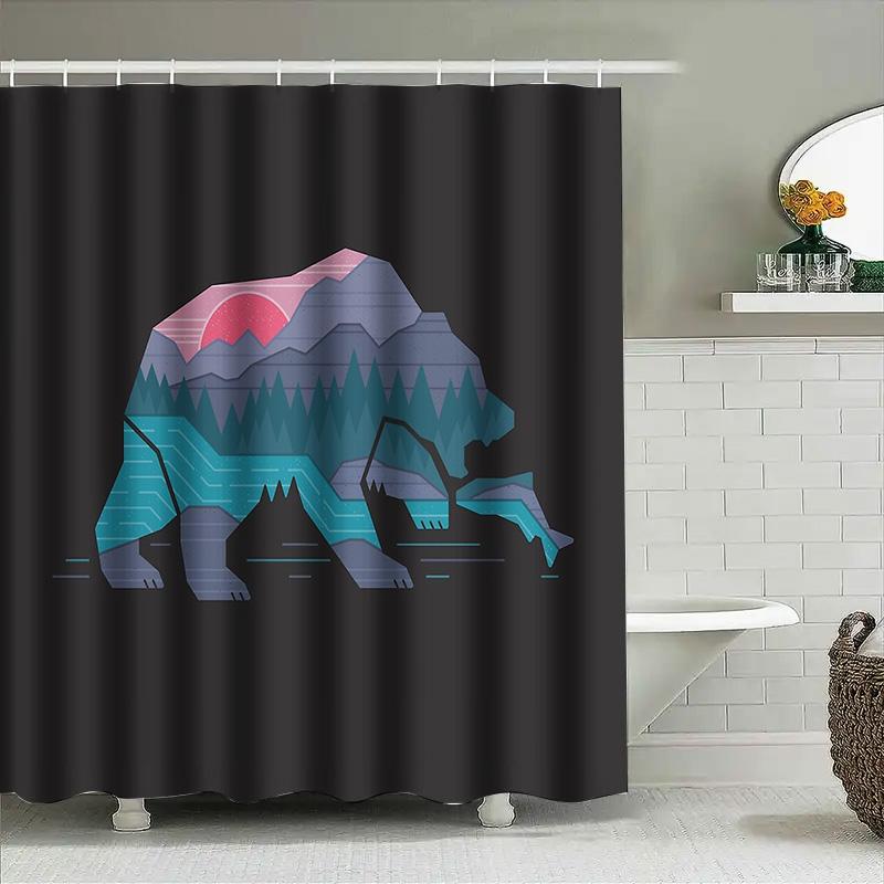 Bear Forest Mountain Silhouette Shower Curtain Nature Wildlife Animals Woodland Decor Bathroom Set Vintage Rustic Home Decor