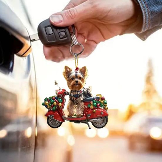 Christmas Dog Car Ornament 2D Flat Acrylic Pendant Rearview Mirror Charm Lifelike Puppy Car Ride Decor Puppy Lover Gift