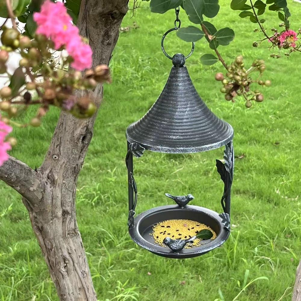 Peaked Roof Wrought Iron Hanging Bird Feeder, Rustic Vintage Outdoor Garden Patio Balcony Decoration