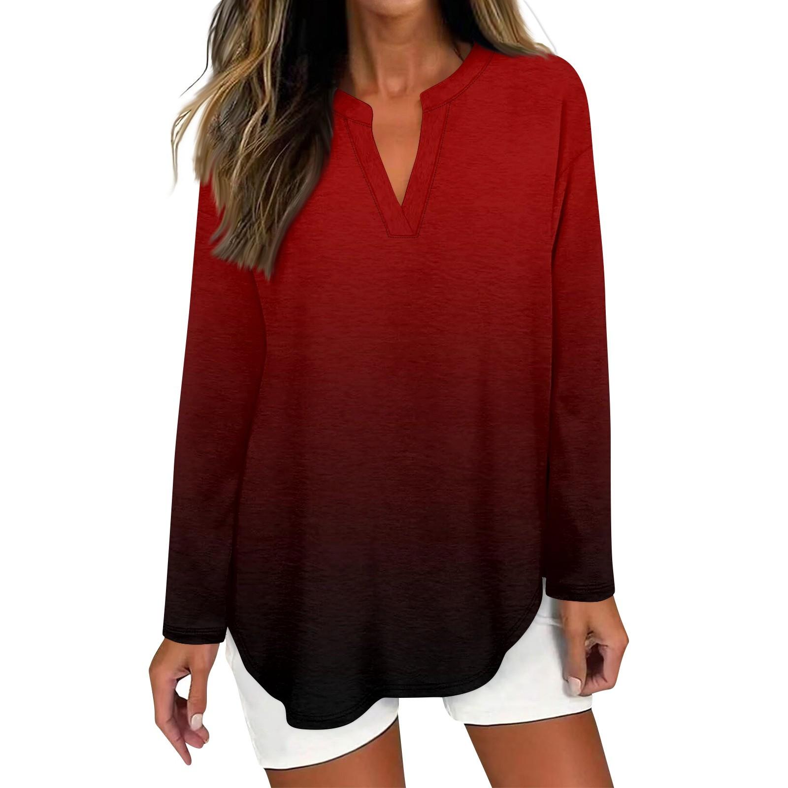 

Женская футболка с принтом, длинный рукав, повседневная, выходного дня, модная, базовая, с V-образным вырезом, изогнутым подолом, стандартный топ M винный