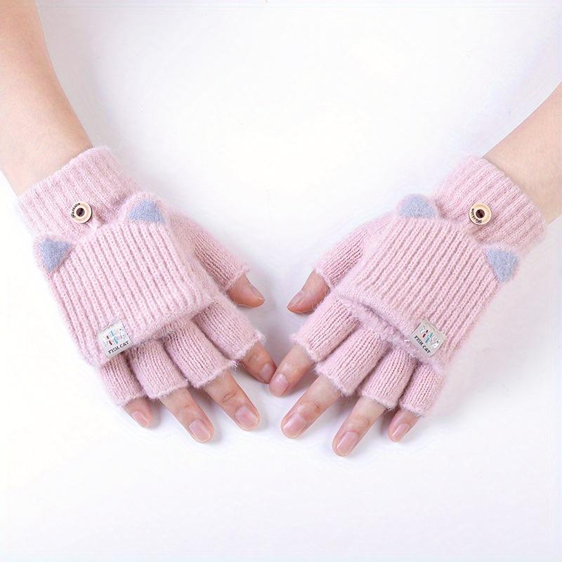 1 Paar Damen Winter Niedliche Katzenohr Halbfinger Klapphandschuhe - Weiche Winddichte Warme Handschuhe