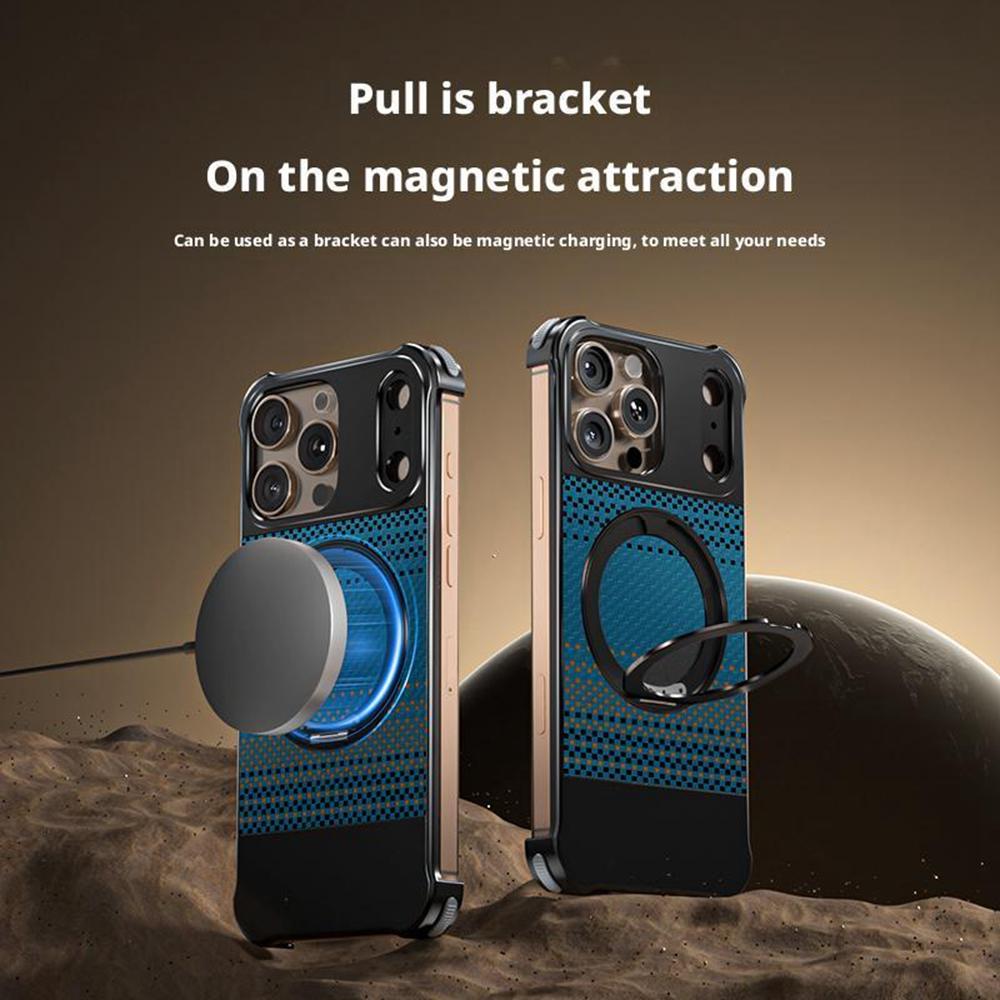 For iPhone 16 Pro Max Magnetic Case Borderless Carbon Fiber Texture PU Metal Phone Cover with Kickstand