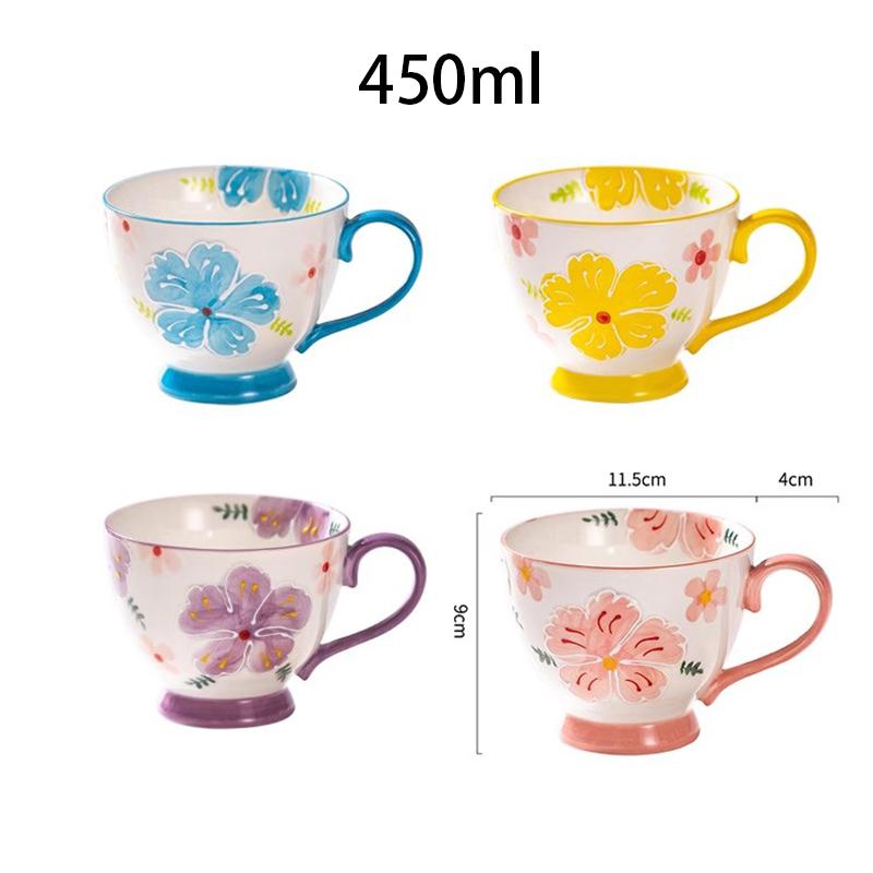 1pcs Flower Ceramic Mug Heat-resistant Breakfast Milk Oat Cup Hand Drawn Large Capacity Juice Handle Cup Microwave Safe 450ml