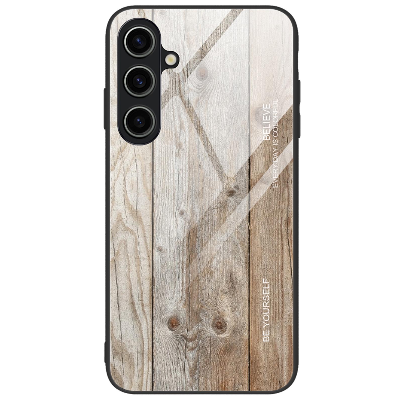 

For Samsung Galaxy A35 5G Phone Case Wood Texture Tempered Glass Back Cover Grey