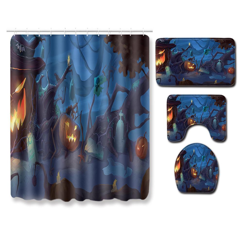 Halloween Shower Curtain Floor Mat Combination Four-Piece Set Bathroom Toilet Carpet Shower Room Foot Mat