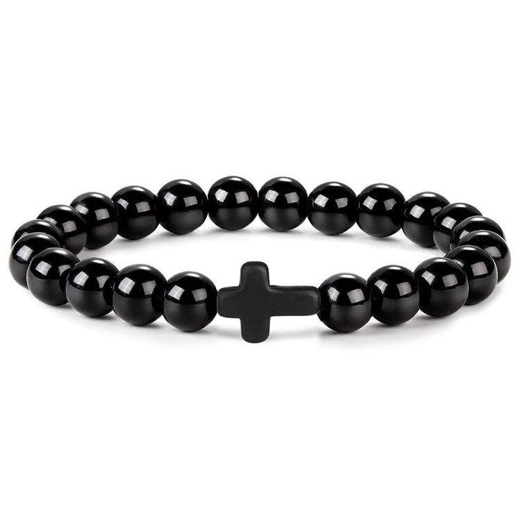 New Retro Cross Natural Stone Bracelet Tiger Eye Stone Lava Volcanic Stone Elastic Bead Men's Bracelet