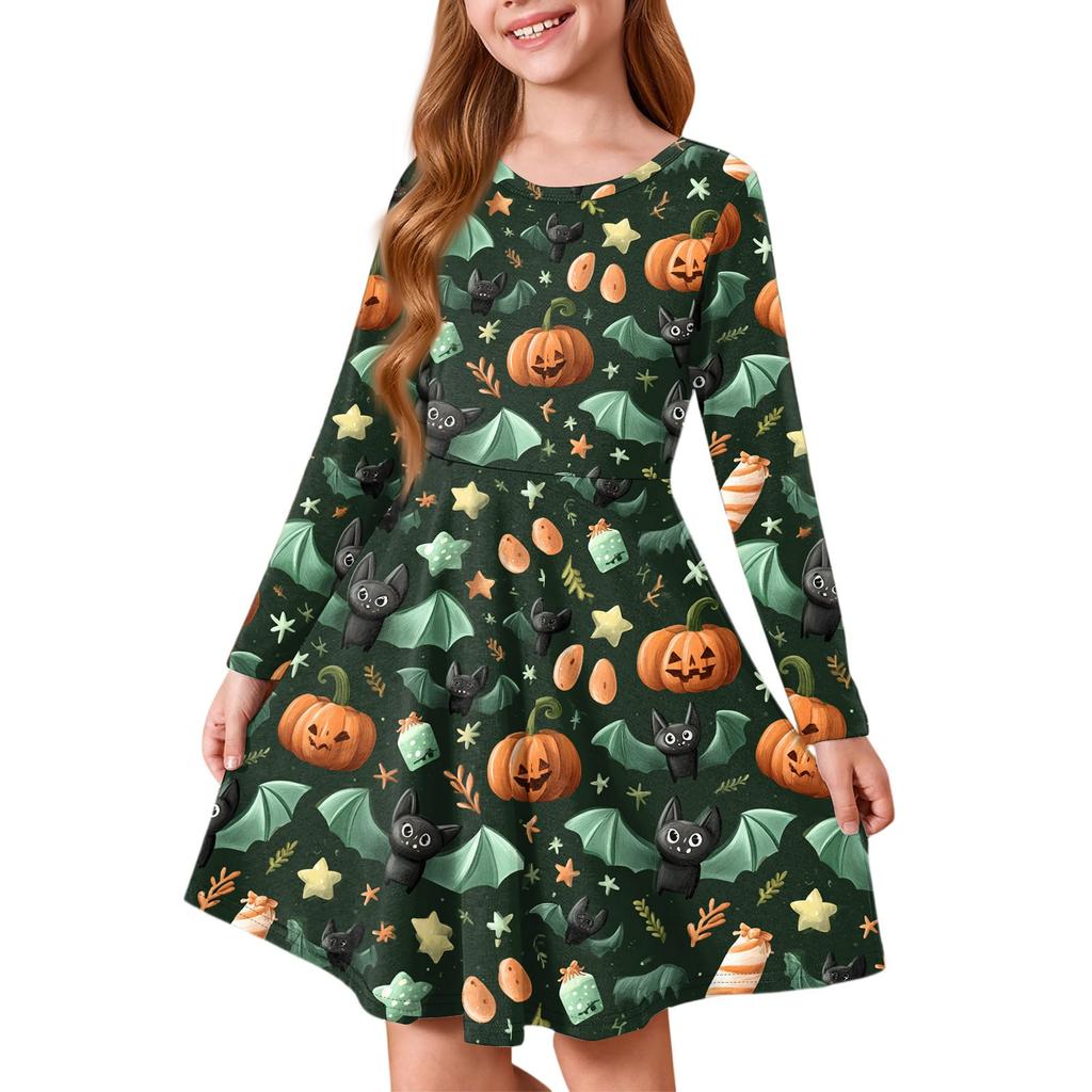 Girls' Summer Princess Dress Halloween Day- Long Sleeve A-Line T-Shirt Dress