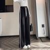 Women's High-Waist Drawstring Wide-Leg Sweatpants, Grey Fleece-Lined with Three Stripes - Spring, Autumn, & Winter Casual Floor-Length Draping Style.
