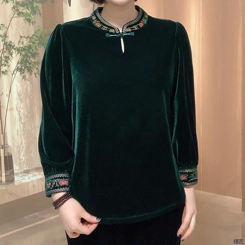 

Ретро женская бархатная блузка со стойкой воротником, осенняя вышитая бархатная блузка большого размера 7XL