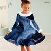 Girls Long Sleeve Green Gold Printed Faux Fur Collar Bow Waist A Line Flared Dress