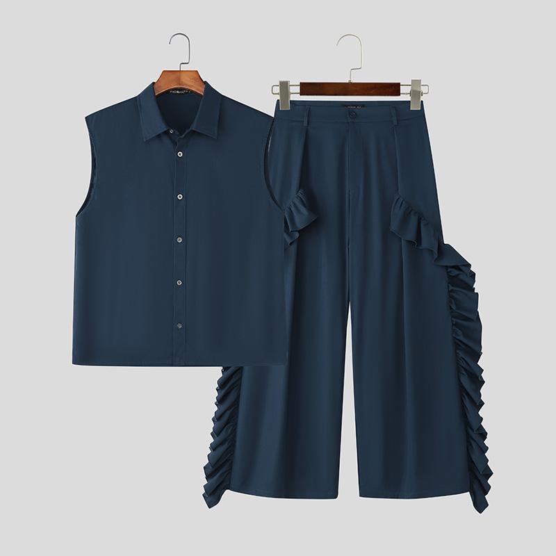 

INCERUN Men Outfits Sleeveless Buttons Shirts Ruffled Hem Long Pants Casual Sets 5XL синий