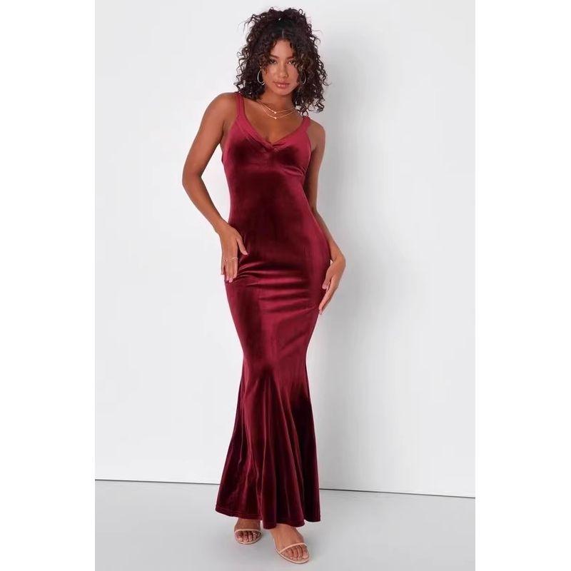 

Export Single Lu s Home Fall and Winter New Arrival Fashion Banquet Party Adult Lady like Woman Velvet Waist-Tight Slim Backless Elegance Dress Burgundy XL