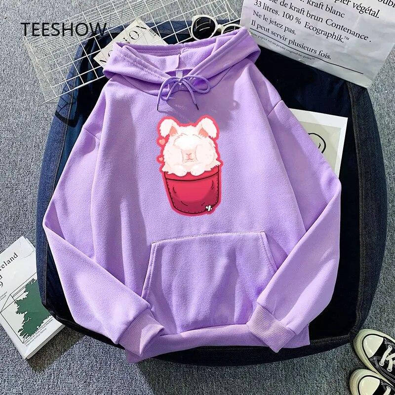 Angora Rabbit Pocket Hoodies WoUnisex Fashionable Hooded Sweatshirt Fleece Warm Pink Streetwear Hoody Autumn Unisex Clothes