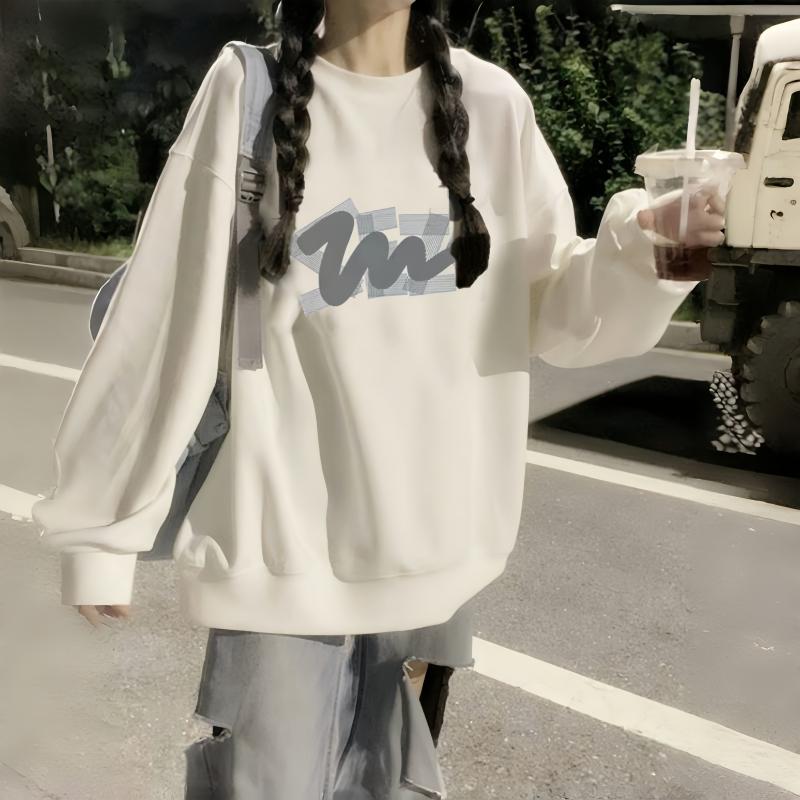 Spring 2025 Girls' Cotton Crew Neck Fleece Sweatshirt, Big Kids, Middle & High School, Loose Fit, Long-Sleeved, No Hood