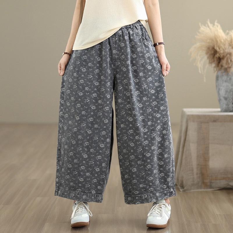 

2025 лето новый ретро новый китайский персонализированный принт джинсовые широкие брюки женские свободные большого размера девять точек повседневные брюки 2XL черный серый