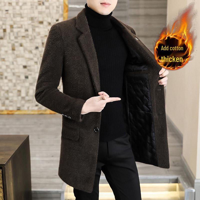 Men's Mid-Length Woolen Trench Coat - Gold Sable Velvet, Thickened, Winter Lapel Style