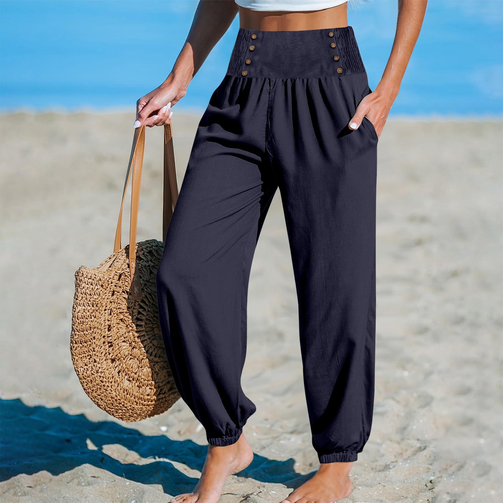 

Women s Color Casual Elastic High Waist Color Pants With Pockets M Темно-синій