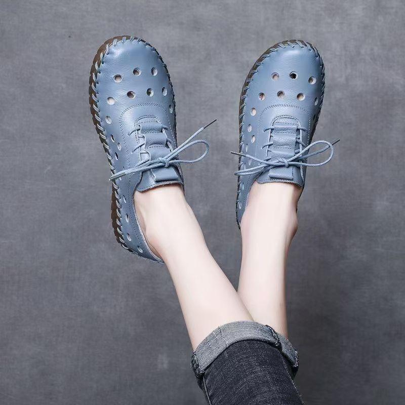 Woman's Summer Leather Hollow Out Flat Sole Shoes Round Toe Lace Up Non Slip Breathable Sandals Soft Sole Lightweight Cave Shoes