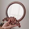 Handcrafted Polished Wooden Circular Makeup Mirror with Floral Base, Unscented, Portable for Bedroom, Bathroom, and Vanity