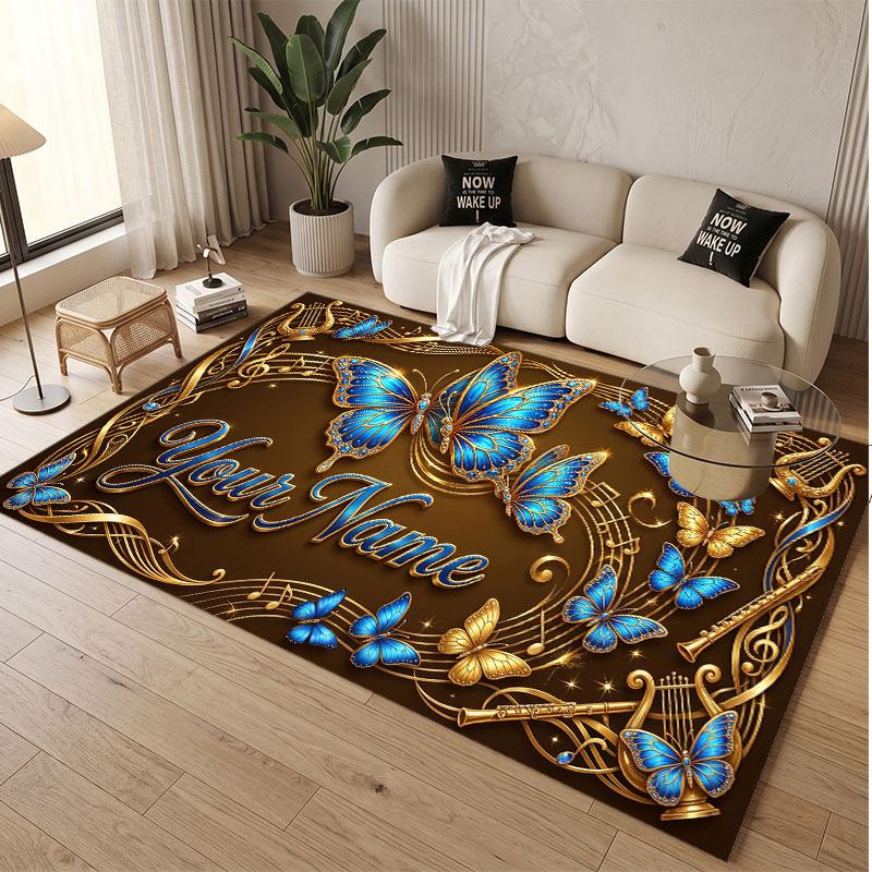 Butterfly Theme Soft Crystal Velvet Rug Custom Name & Text Print Non Slip Floor Rug for Bedroom Living Room