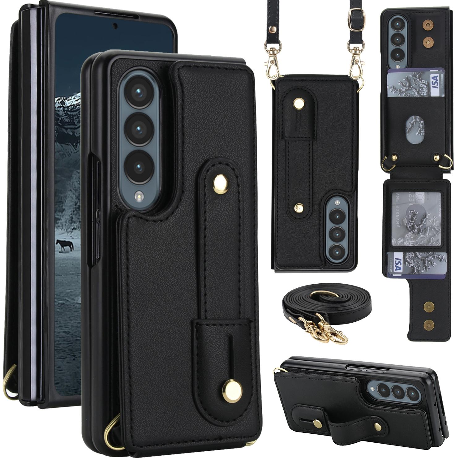 

For Samsung Galaxy Z Fold4 5G Case Kickstand Card Slots Leather Coated TPU Cover with Shoulder Strap B
