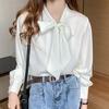 Marca Donna Camicetta Bianca e Blu Collo Alto Fiocco Casual Primavera Autunno Top Bottoni Manica Lunga Camicie in Chiffon Blusas Femme Camicie Larghe