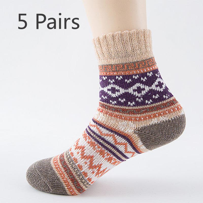 5 Pairs of Thick and Warm Cross-flower Rabbit Wool Socks with Ethnic Style and Coarse Needle Cashmere Socks for Autumn and Winter