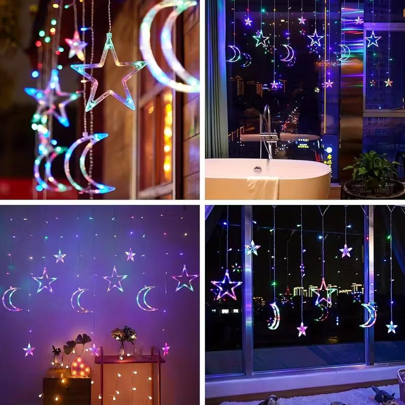 USB & Battery Operated Star Moon Curtain String Lights, Warm White & Multicolor LED Fairy Hanging Lights for Bedroom, Christmas, New Year Indoor Decor