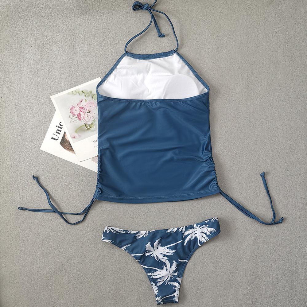 23-Year Coconut Tree Print Halter Neck Tie-Up Tummy Control Plus Size Women's Bikini